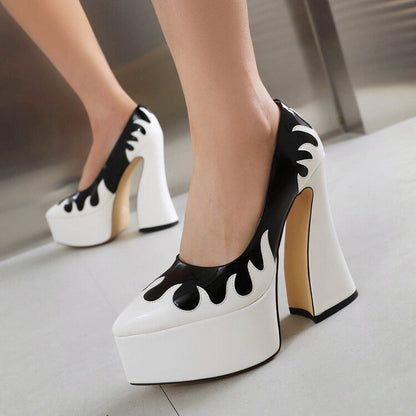 Pointed Toe Bicolor Shallow Spool Heel Platform Pumps for Women