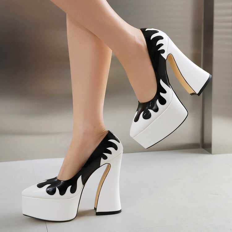 Pointed Toe Bicolor Shallow Spool Heel Platform Pumps for Women