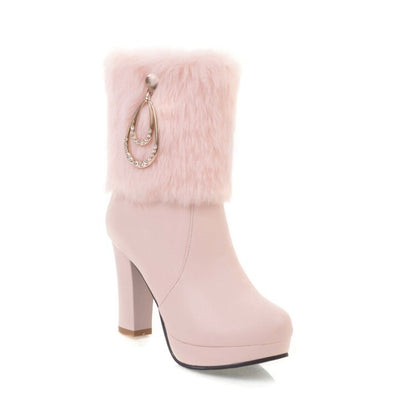 Booties Round Toe Fold Fur Block Chunky Heel Platform Short Boots for Women