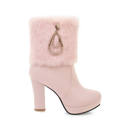 Booties Round Toe Fold Fur Block Chunky Heel Platform Short Boots for Women