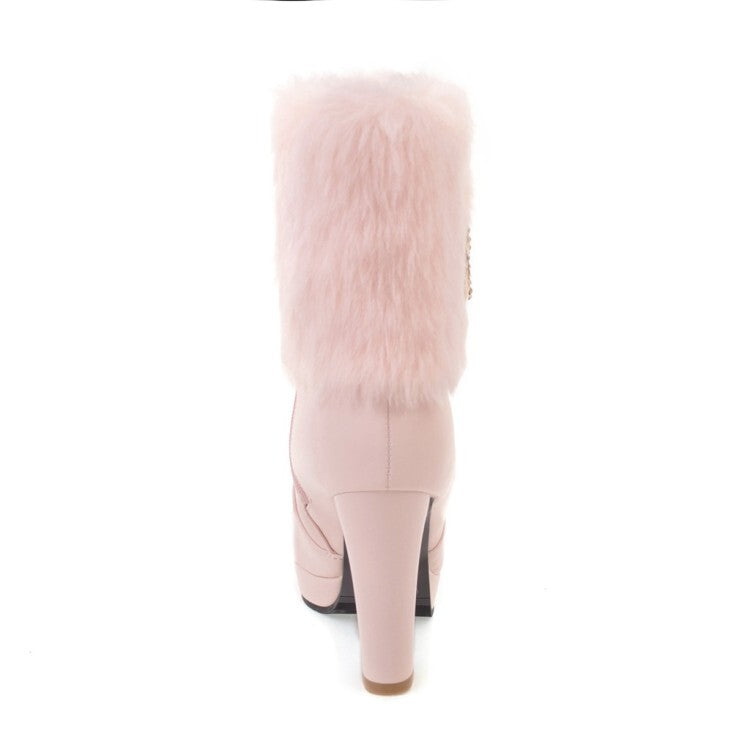 Booties Round Toe Fold Fur Block Chunky Heel Platform Short Boots for Women