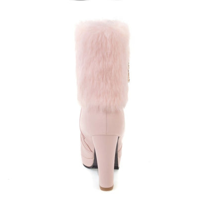 Booties Round Toe Fold Fur Block Chunky Heel Platform Short Boots for Women