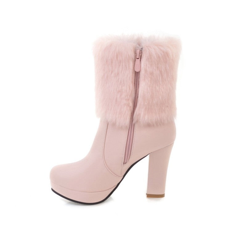 Booties Round Toe Fold Fur Block Chunky Heel Platform Short Boots for Women