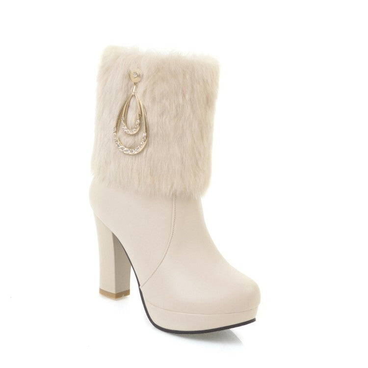 Booties Round Toe Fold Fur Block Chunky Heel Platform Short Boots for Women