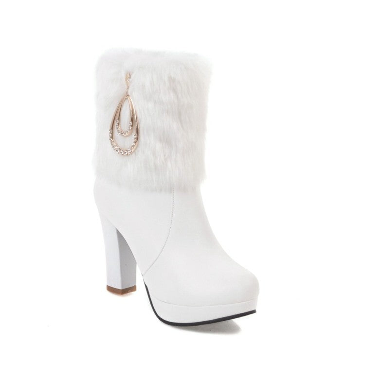 Booties Round Toe Fold Fur Block Chunky Heel Platform Short Boots for Women