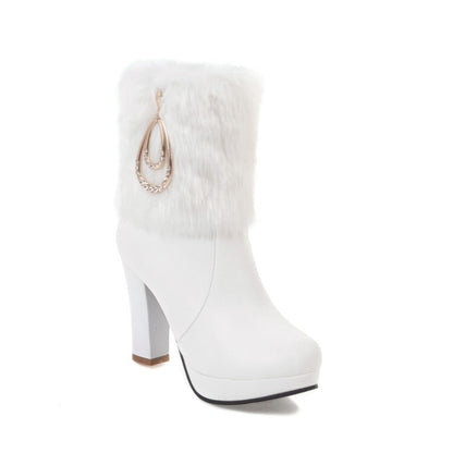 Booties Round Toe Fold Fur Block Chunky Heel Platform Short Boots for Women