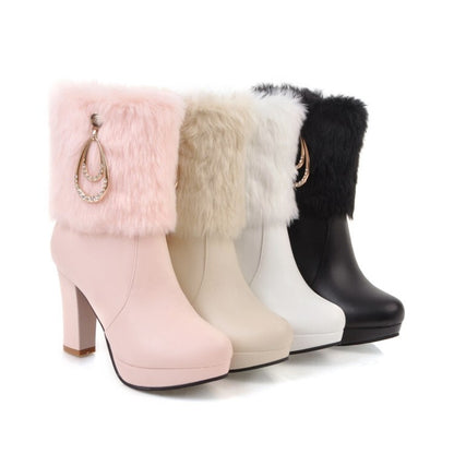 Booties Round Toe Fold Fur Block Chunky Heel Platform Short Boots for Women