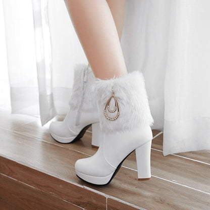 Booties Round Toe Fold Fur Block Chunky Heel Platform Short Boots for Women