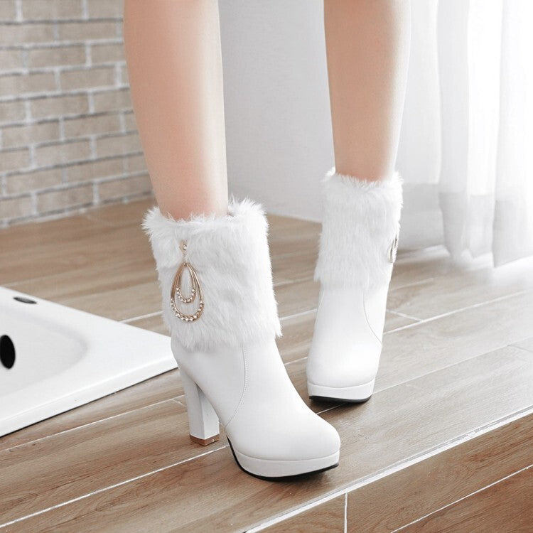 Booties Round Toe Fold Fur Block Chunky Heel Platform Short Boots for Women