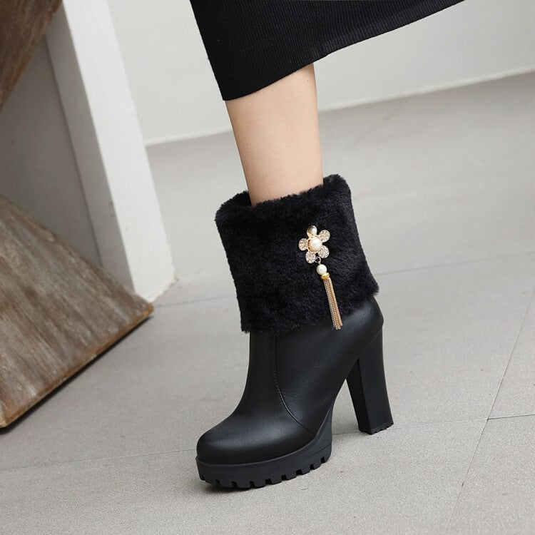 Round Toe Fold Fur Rhinestone Flowers Block Chunky Heel Platform Short Boots for Women