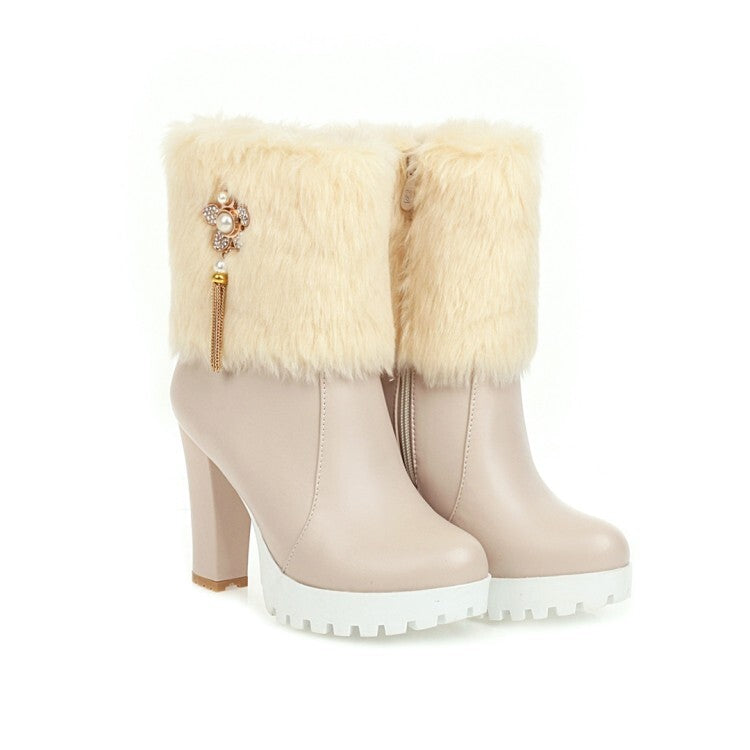 Round Toe Fold Fur Rhinestone Flowers Block Chunky Heel Platform Short Boots for Women