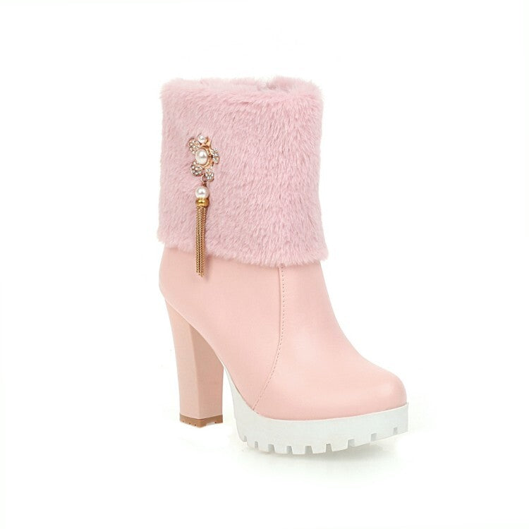 Round Toe Fold Fur Rhinestone Flowers Block Chunky Heel Platform Short Boots for Women