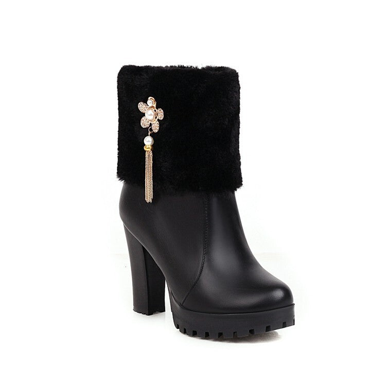 Round Toe Fold Fur Rhinestone Flowers Block Chunky Heel Platform Short Boots for Women