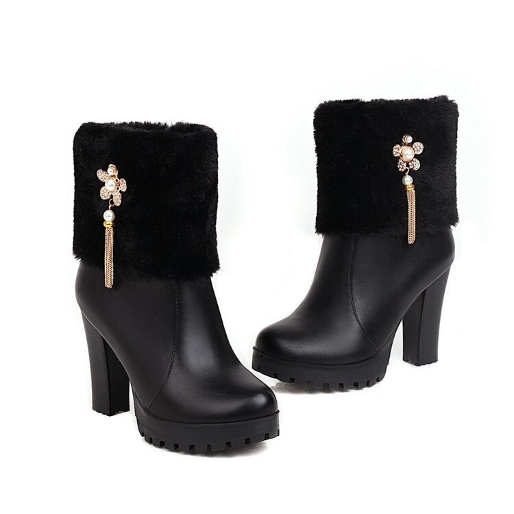 Round Toe Fold Fur Rhinestone Flowers Block Chunky Heel Platform Short Boots for Women