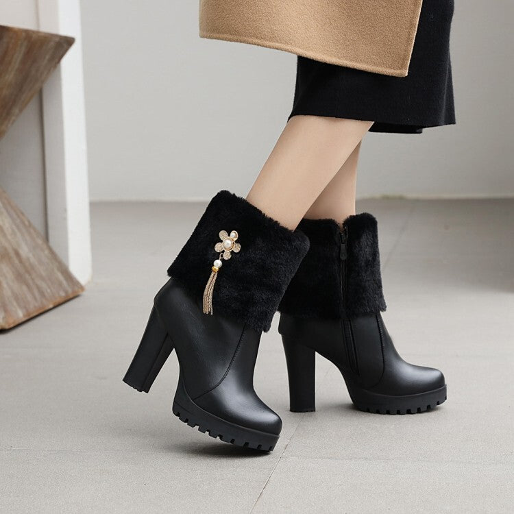 Round Toe Fold Fur Rhinestone Flowers Block Chunky Heel Platform Short Boots for Women