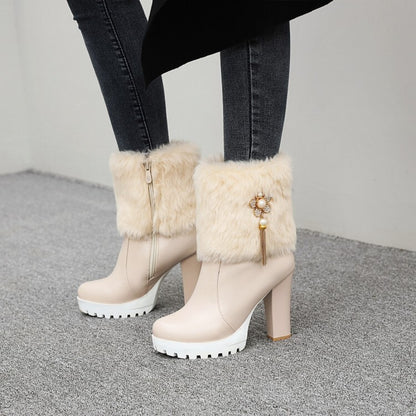 Round Toe Fold Fur Rhinestone Flowers Block Chunky Heel Platform Short Boots for Women