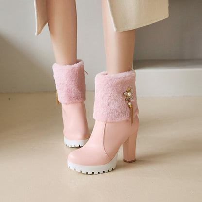 Round Toe Fold Fur Rhinestone Flowers Block Chunky Heel Platform Short Boots for Women