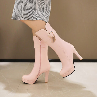 Love Hearts Buckles Tassel Block Chunky Heel Platform Mid-Calf Boots for Women