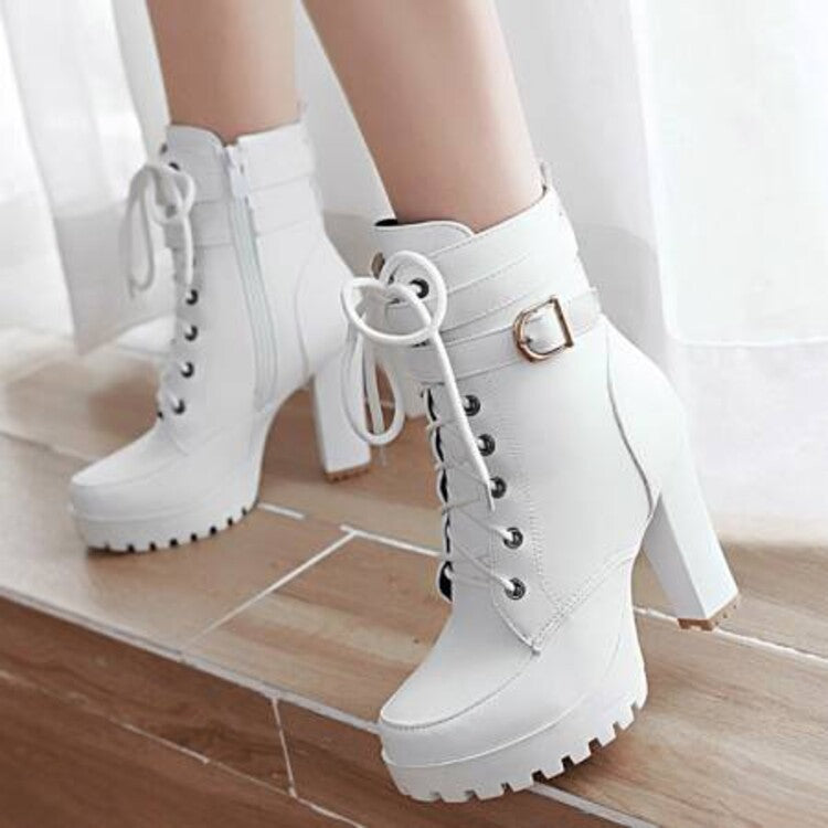 Booties Round Toe Lace-Up Block Chunky Heel Platform Short Boots for Women