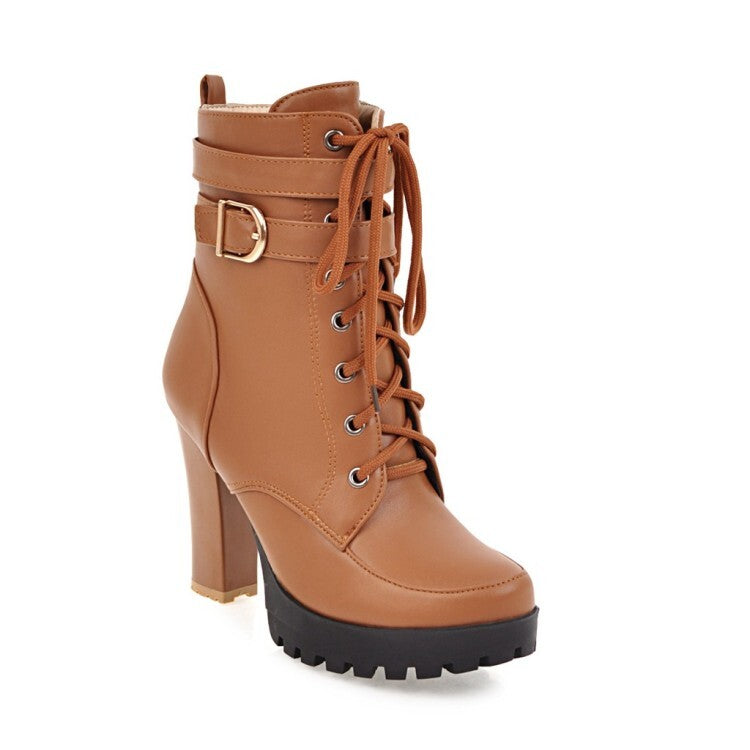 Booties Round Toe Lace-Up Block Chunky Heel Platform Short Boots for Women