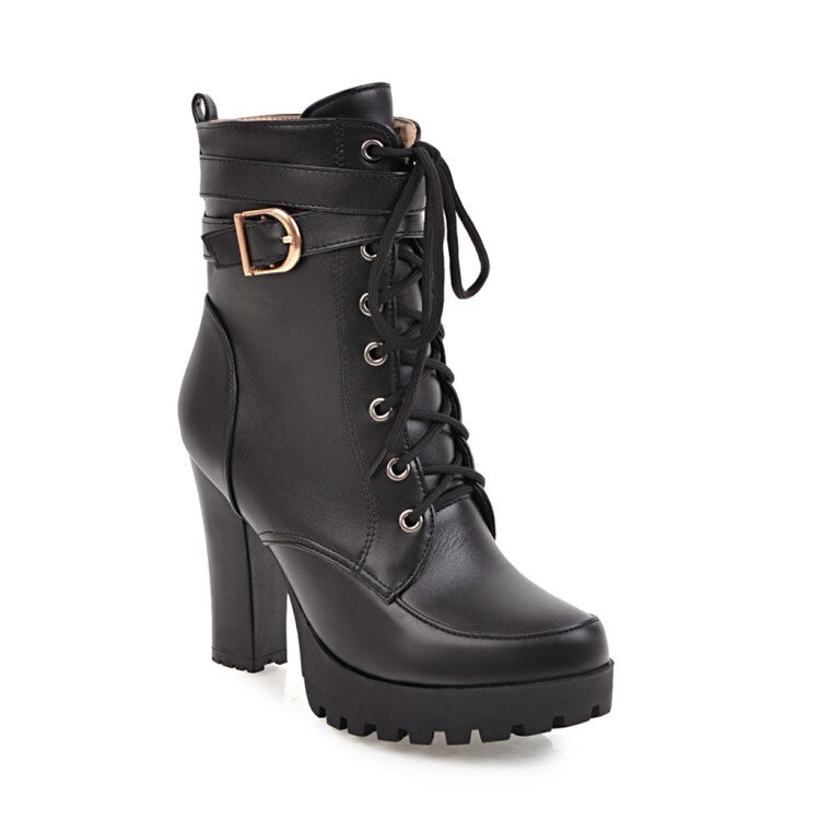 Booties Round Toe Lace-Up Block Chunky Heel Platform Short Boots for Women