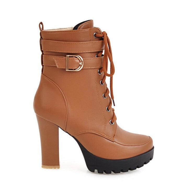 Booties Round Toe Lace-Up Block Chunky Heel Platform Short Boots for Women