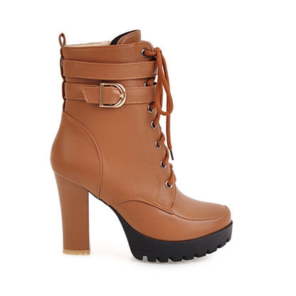 Booties Round Toe Lace-Up Block Chunky Heel Platform Short Boots for Women