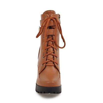 Booties Round Toe Lace-Up Block Chunky Heel Platform Short Boots for Women