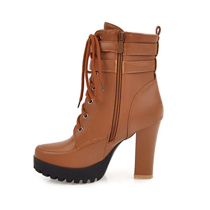 Booties Round Toe Lace-Up Block Chunky Heel Platform Short Boots for Women