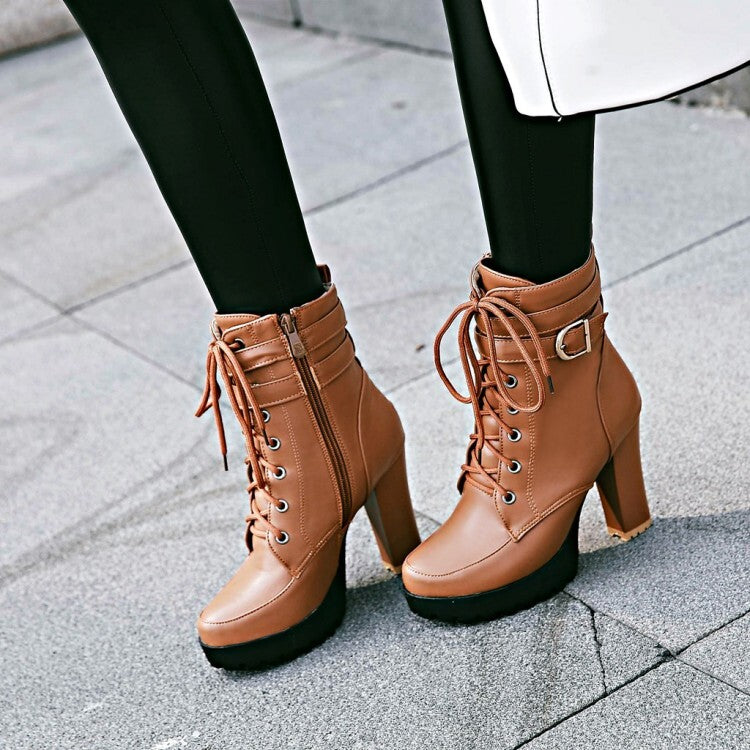 Booties Round Toe Lace-Up Block Chunky Heel Platform Short Boots for Women