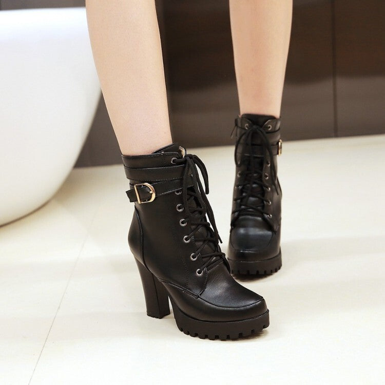 Booties Round Toe Lace-Up Block Chunky Heel Platform Short Boots for Women