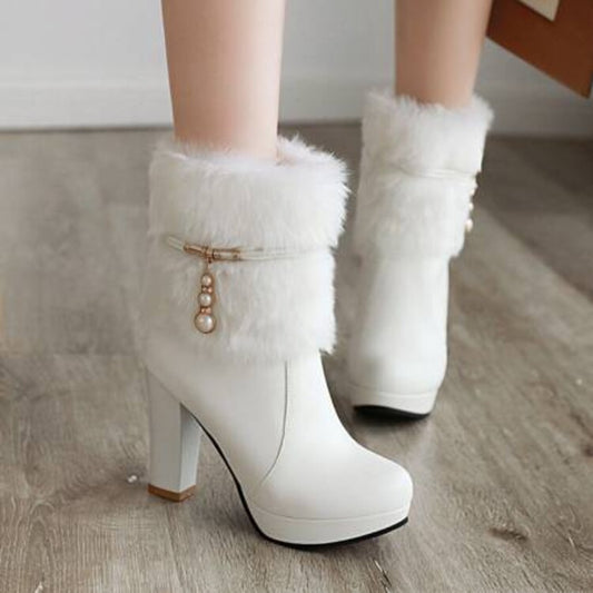 Booties Fur Fold Block Chunky Heel Platform Short Boots for Women