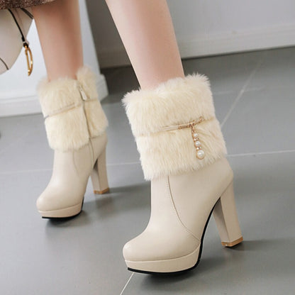 Booties Fur Fold Block Chunky Heel Platform Short Boots for Women