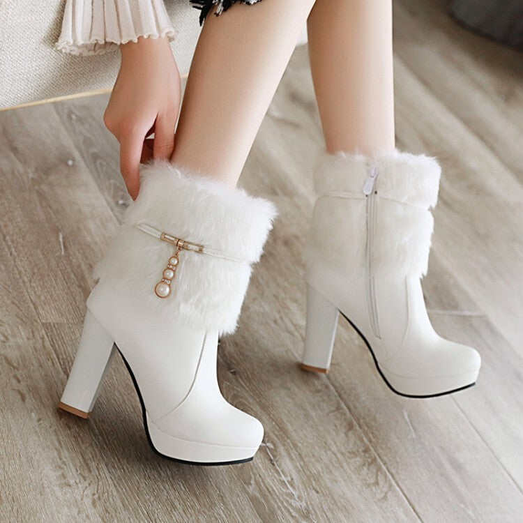 Booties Fur Fold Block Chunky Heel Platform Short Boots for Women