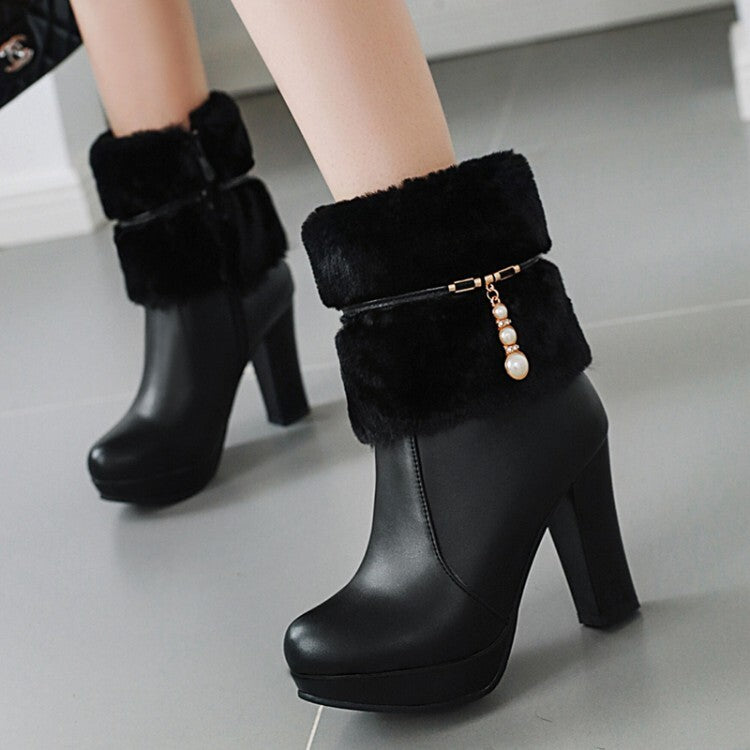 Booties Fur Fold Block Chunky Heel Platform Short Boots for Women