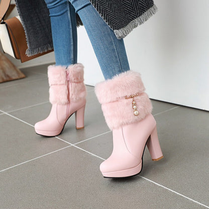 Booties Fur Fold Block Chunky Heel Platform Short Boots for Women