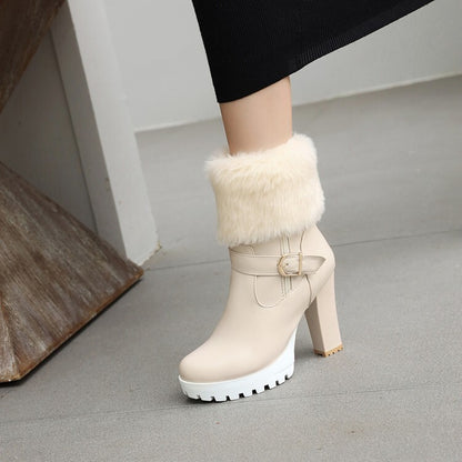 Booties Fold Side Zippers Buckle Straps Block Chunky Heel Platform Short Boots for Women