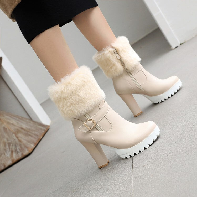 Booties Fold Side Zippers Buckle Straps Block Chunky Heel Platform Short Boots for Women