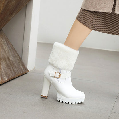 Booties Fold Side Zippers Buckle Straps Block Chunky Heel Platform Short Boots for Women