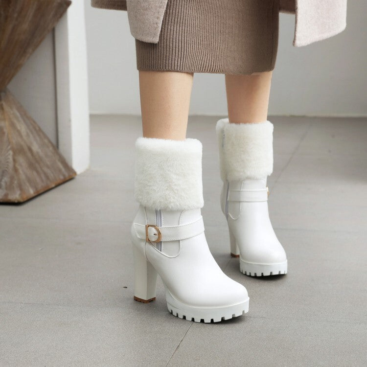 Booties Fold Side Zippers Buckle Straps Block Chunky Heel Platform Short Boots for Women