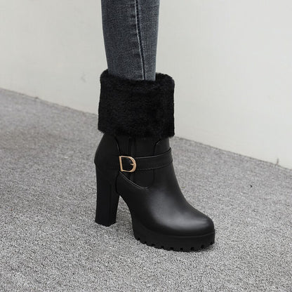 Booties Fold Side Zippers Buckle Straps Block Chunky Heel Platform Short Boots for Women