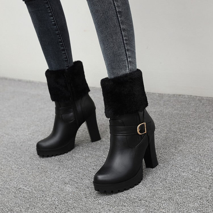 Booties Fold Side Zippers Buckle Straps Block Chunky Heel Platform Short Boots for Women