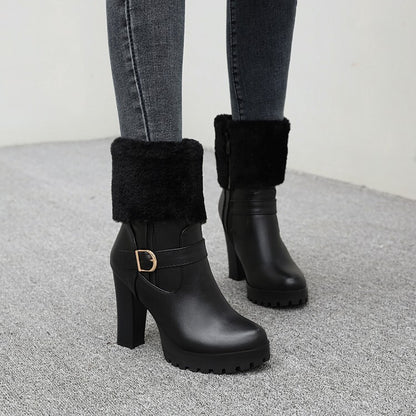 Booties Fold Side Zippers Buckle Straps Block Chunky Heel Platform Short Boots for Women