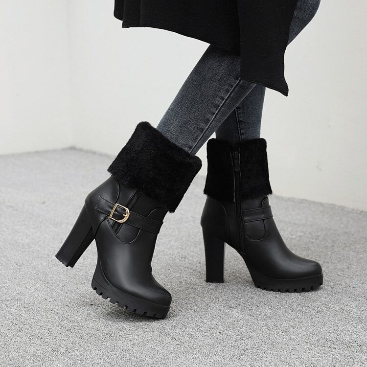 Booties Fold Side Zippers Buckle Straps Block Chunky Heel Platform Short Boots for Women