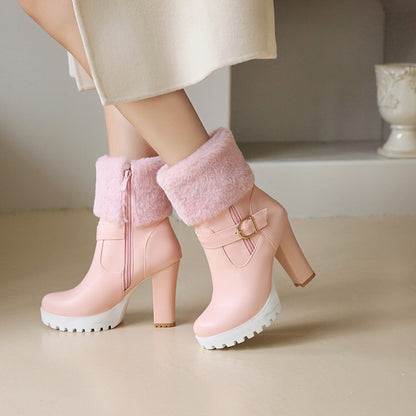 Booties Fold Side Zippers Buckle Straps Block Chunky Heel Platform Short Boots for Women