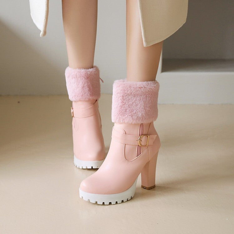 Booties Fold Side Zippers Buckle Straps Block Chunky Heel Platform Short Boots for Women