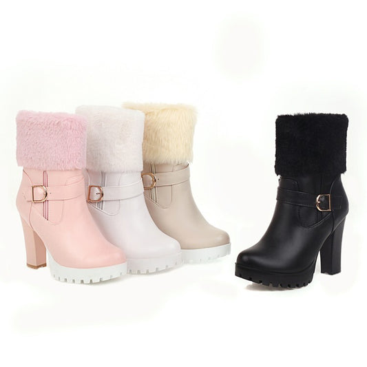 Booties Fold Side Zippers Buckle Straps Block Chunky Heel Platform Short Boots for Women