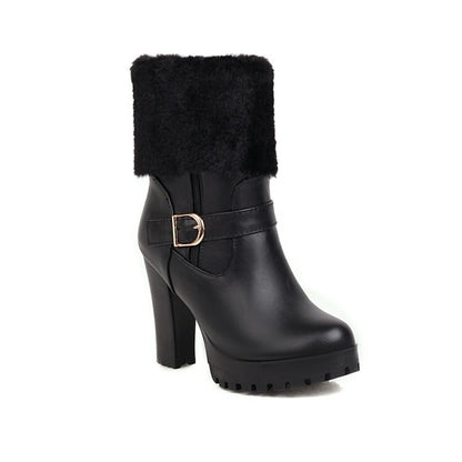 Booties Fold Side Zippers Buckle Straps Block Chunky Heel Platform Short Boots for Women