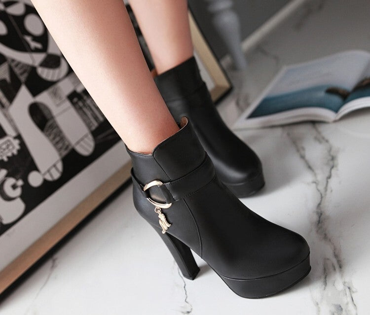 Booties Side Zippers Metal Buckles Block Chunky Heel Platform Short Boots for Women