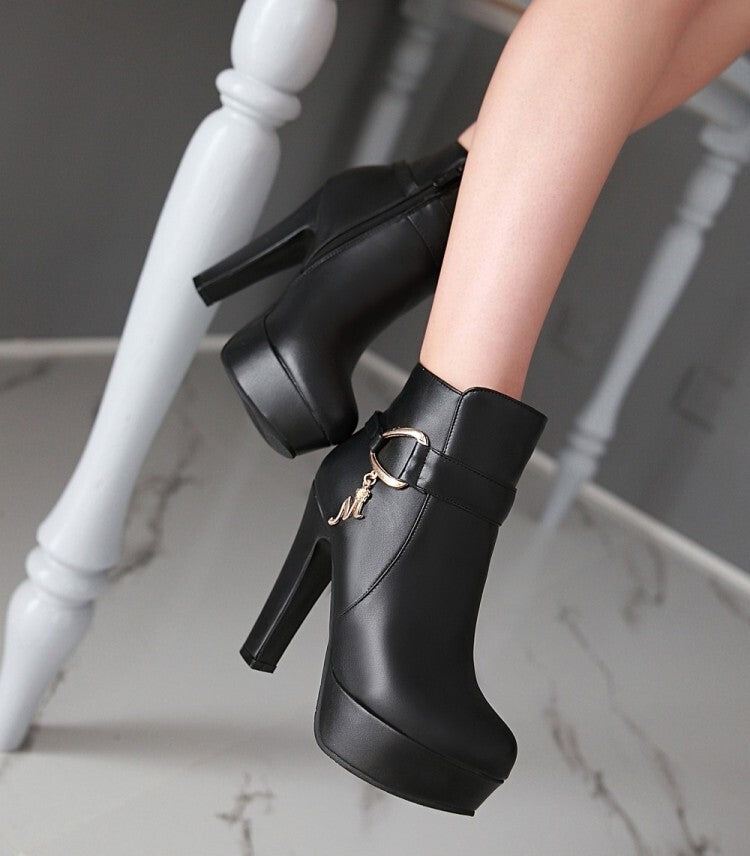 Booties Side Zippers Metal Buckles Block Chunky Heel Platform Short Boots for Women